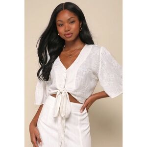 Lulu's Delightful Darling White Floral Embroidered Tie-Front Crop Top, Size L